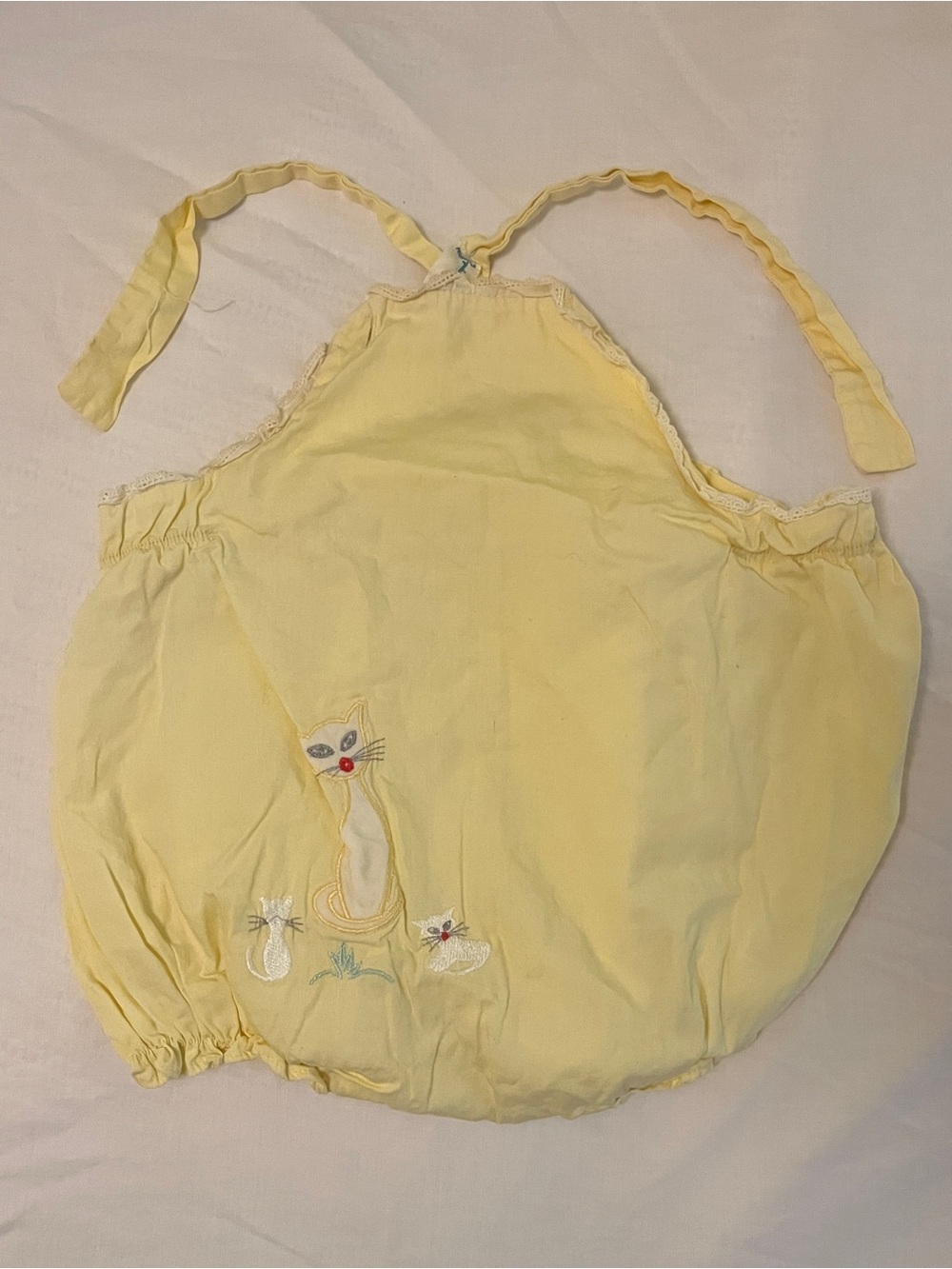 Vintage Yellow Cat Embroidered Sunsuit/Romper